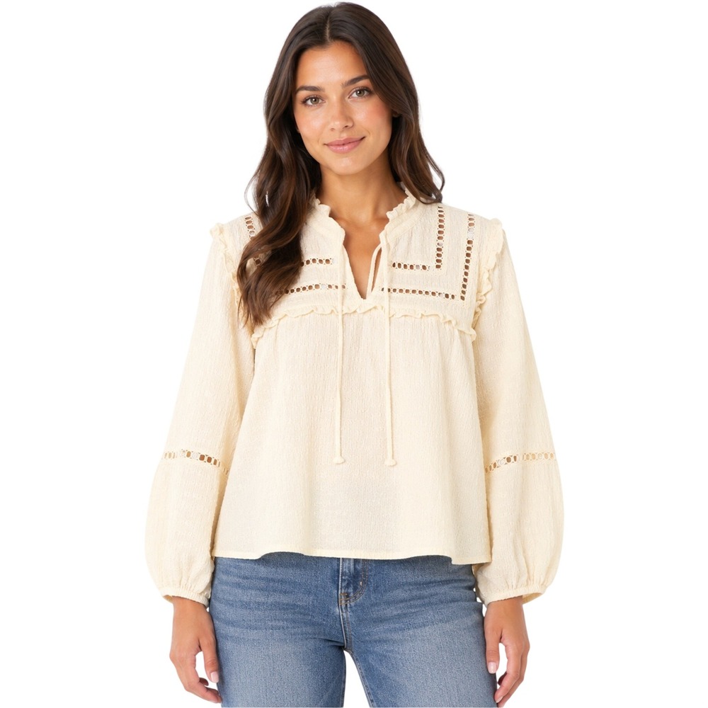 Fred David Cream Boho Ladder Lace Ruffle Peasant Blouse LARGE